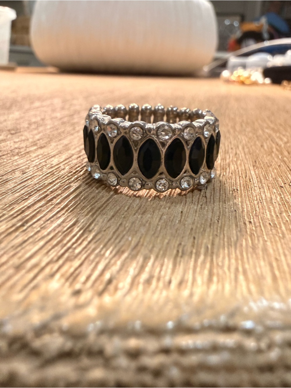 Silver-Tone Black Marquise Stretch Ring with Clear Crystal Accents